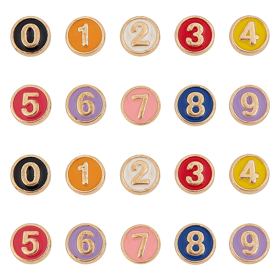 Alloy Enamel Beads, Flat Round, Number, Cadmium Free & Lead Free, Light Gold