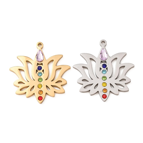 Chakra 304 Stainless Steel Rhinestone Pendants, Lotus Charms