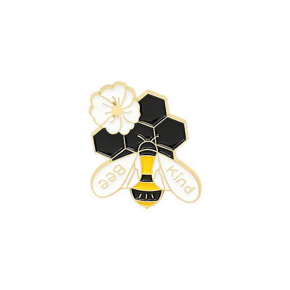 Creative Zinc Alloy Brooches, Enamel Lapel Pin, with Iron Butterfly Clutches or Rubber Clutches, Bee with Word Kind, Golden