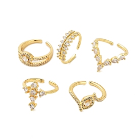 Brass Pave Cubic Zirconia Cuff Rings, Real 18K Gold Plated Wide Band Rings for Women