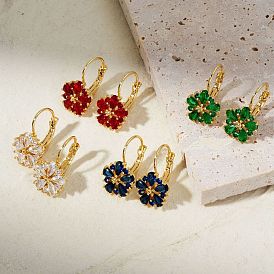 Элегантные винтажные серьги-кольца из латуни с цветком, с кубического циркония, золотые