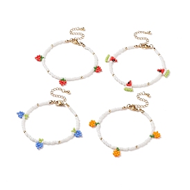 4Pcs 4 Style Glass Seed Braided Strawberry & Grape & Orange & Strawberry Charms Bracelet for Women