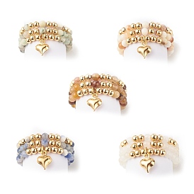 3Pcs 3 Style Natural Gemstone & Brass Beaded Finger Rings with 304 Stainless Steel Heart Charms for Women