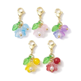 Flower Glass & Natural & Dyed Malaysia Jade Pendant Decortion, Lobster Claw Clasps Charms for Bag Ornaments