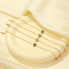 Cubic Zirconia Teardrop Link Bracelet with Golden Stainless Steel Cable Chains