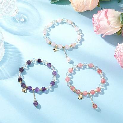 3шт. браслеты из круглых бусин из натурального кварцевого кристалла, аметиста, вишневого кварцевого стекла и розового кварца, Браслеты с подвесками из латуни с клевером для женщин