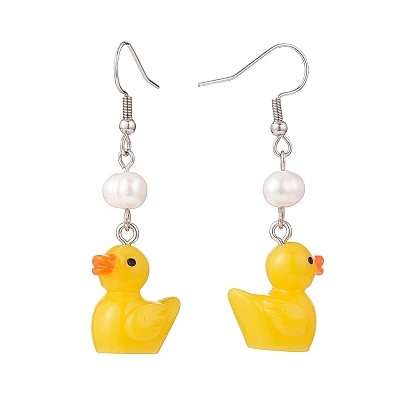 Gold Resin Duck with Natural Pearl Beaded Dangle Earrings, 316 Surgical Stainless Steel Jewelry for Women