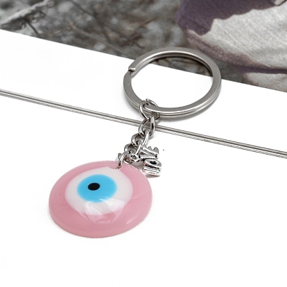 Alloy Keychains, with Plastic Flat Round Evil Eye Pendants