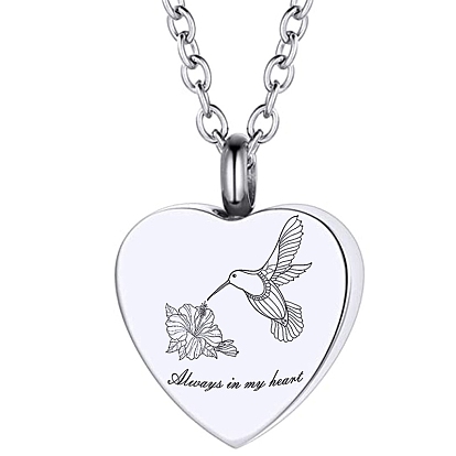Stainless Steel Pendant Necklaces, Heart with Bird Urn Ashes Necklaces