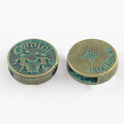 Encantos de la diapositiva de aleación de zinc redonda plana de bronce y pátina verde, con constelación / signo del zodiaco, sin cadmio y níque y plomo, 17~18x5 mm, Agujero: 11x3 mm, sobre 282 unidades / 1000 g