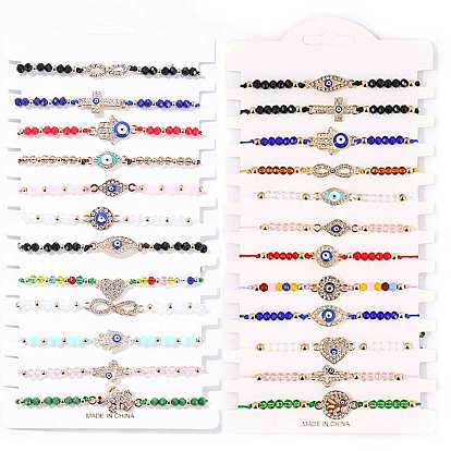 12Pcs 12 Style Heart & Hamsa Hand & Infinity Love Rhinestone Link Bracelets Set, Evil Eye Stackable Bracelets with Glass Beaded for Women