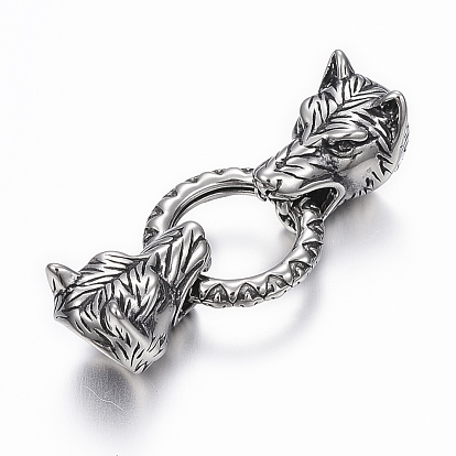 316 Surgical Stainless Steel Linking Rings, with Cord Ends, For Leather Cord Bracelets Making, Wolf Head