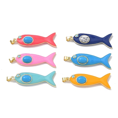 Pendentifs en turquoise synthétique teinte à l'océan, breloques en forme de poisson en laiton émaillé, réel 18 k plaqué or, plaqué longue durée, crémaillère plaquage, sans plomb et sans cadmium