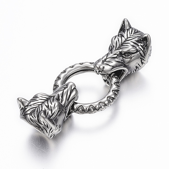 316 Surgical Stainless Steel Linking Rings, with Cord Ends, For Leather Cord Bracelets Making, Wolf Head