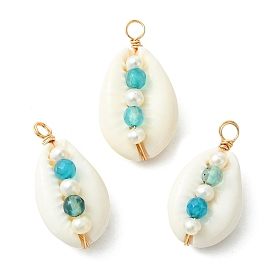 Подвески из ограненного круглого натурального агата (окрашенного и подвергнутого термической обработке) и жемчуга, обмотанные медной проволокой., подвески из натуральной ракушки каури, золотые