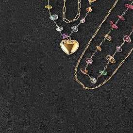 304 двухслойные ожерелья из нержавеющей стали и натуральных смешанных камней с разноцветной крошкой для женщин