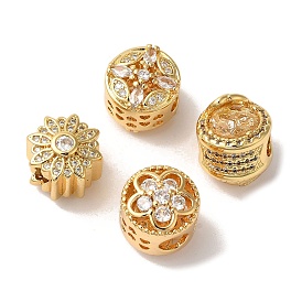 Flower Rack Plating Brass Micro Pave Cubic Zirconia European Beads, Large Hole Beads, Cadmium Free & Lead Free, Long-Lasting Plated, Real 18K Gold Plated