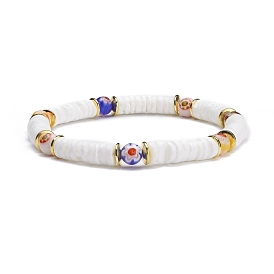 Natural White Shell Heishi Beads Stretch Bracelet, Flower Millefiori Glass Round Beads Bracelet for Women