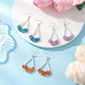 Серьги-подвески в форме арки с натуральным сердоликом, аметистом и апатитом, с жемчугом из раковины , золотые