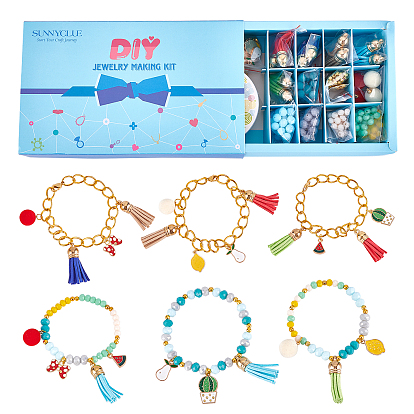 279Pieces DIY Fruit Themed Bracelets Kits, Including Alloy Enamel Pendants, Rondelle Glass Beads, Suede Tassels, Iron Twisted Chains, Elastic Crystal Thread and Claw Clasps