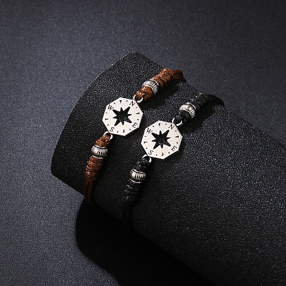 Сплав ссылка браслеты, Регулируемые плетеные браслеты из воска для мужчин, компас