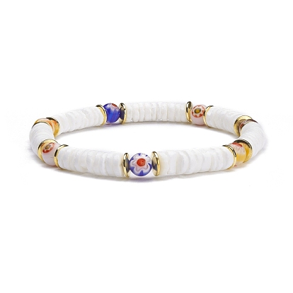 Natural White Shell Heishi Beads Stretch Bracelet, Flower Millefiori Glass Round Beads Bracelet for Women