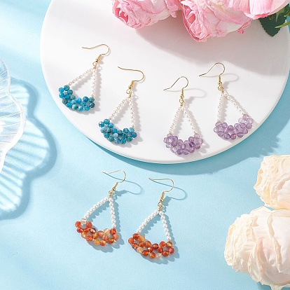 Серьги-подвески в форме арки с натуральным сердоликом, аметистом и апатитом, с жемчугом из раковины , золотые