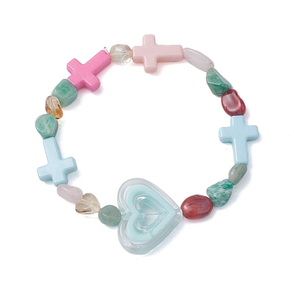 Natural Rose Quartz & Citrine & Carnelian & Amazonite & Red Aventurine & Acrylic Beaded Stretch Bracelets, Heart & Cross Bracelets for Women