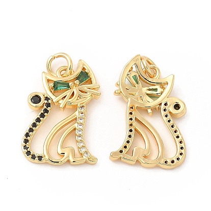 Brass Micro Pave Cubic Zirconia Pendants, Cadmium Free & Lead Free, with Jump Ring, Cat Charms, Golden
