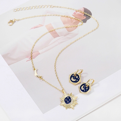 Brass Hoop Earring & Pendant Necklaces Sets for Women, with Enamel Sun & Moon