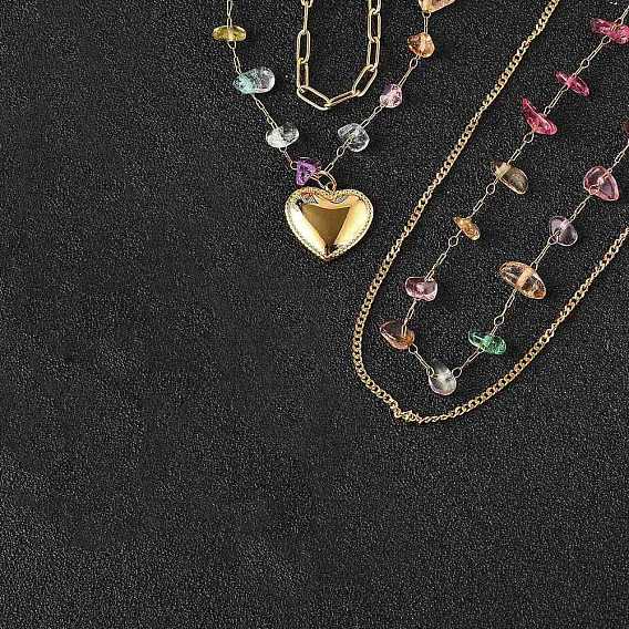 304 двухслойные ожерелья из нержавеющей стали и натуральных смешанных камней с разноцветной крошкой для женщин