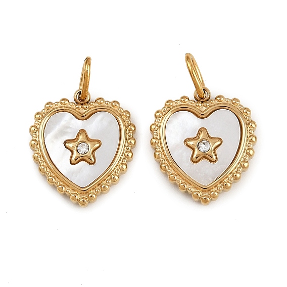 304 подвески из натуральной ракушки из нержавеющей стали, подвески в форме сердца с кристаллами и кольцами, ионное покрытие (ip)