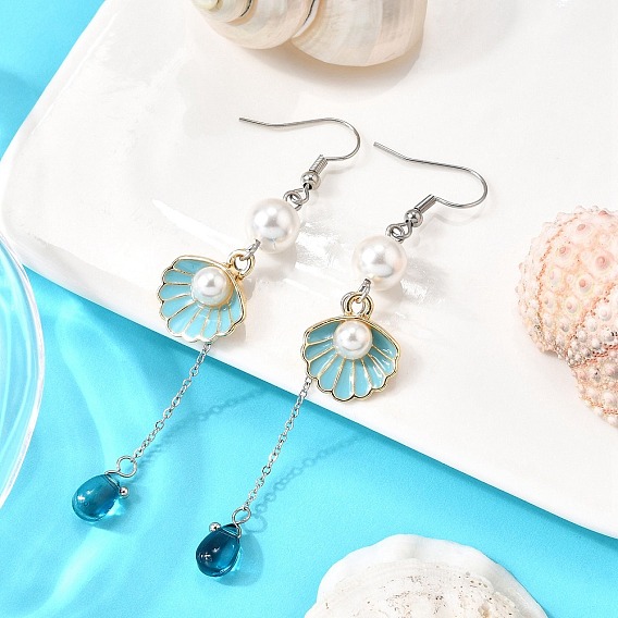 Серьги-подвески в форме ракушки из сплава, с ракушечным перламутром и прозрачным стеклом