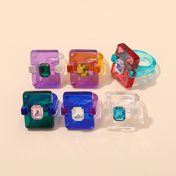 Кольца из смолы и страз для женщин, прямоугольные