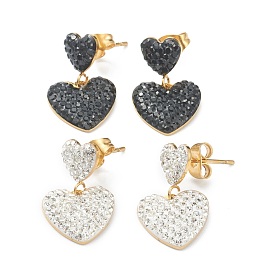 Heart Ion Plating(IP) 304 Stainless Steel Stud Earrings, with Rhinestone, Golden