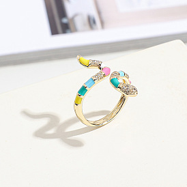 Colorful Snake-shaped Adjustable Ring for Women, Copper Micro-inlaid Hand Jewelry