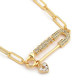 Brass Micro Pave Cubic Zirconia Pendant Necklaces, Mother's Day Gifts, with Brass Paperclip Chains and 304 Stainless Steel Toggle Clasps, Brooch with Word Mom