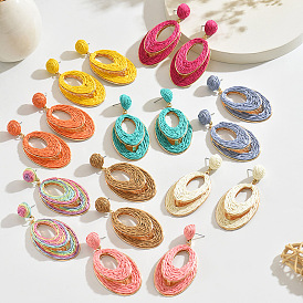 Овальные серьги-гвоздики из рафии, золотые