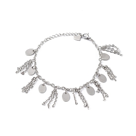 304 Stainless Steel Chain Tassel & Oval & Heart Charm Bracelet for Women