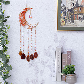 Wire Wrapped Natural Carnelian Chip Moon with Tree of Life Hanging Suncatchers, with Natural Agate Piece and Glass Charm for Home Wall Decorations