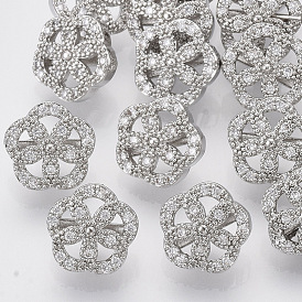 Brass Shank Buttons, with Micro Pave Cubic Zirconia, Flower, Clear