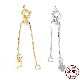 925 Sterling Silver Ends with Chains, Spring Clasps, Slide Bead and Heart Charms