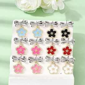 Brass Micro Pave Clear Cubic Zirconia Enamel Stud Dangle Earrings, Flower with Bowknot, Rack Plating, Long-Lasting Plated, Cadmium Free & Lead Free, Golden & Stainless Steel Color
