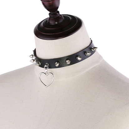 Punk Rivet Spike Lock Collar Chain Necklace with Soft Girl Peach Heart Pendant