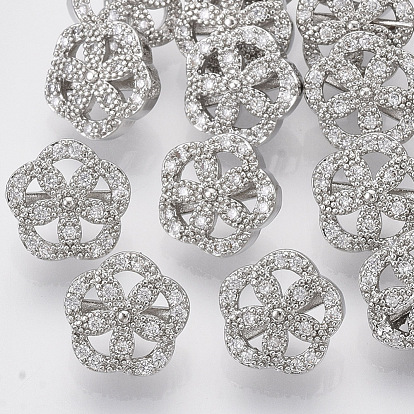 Brass Shank Buttons, with Micro Pave Cubic Zirconia, Flower, Clear