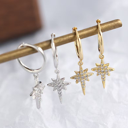 S925 Sterling Silver Star Hoop Earrings, with Clear Cubic Zirconia
