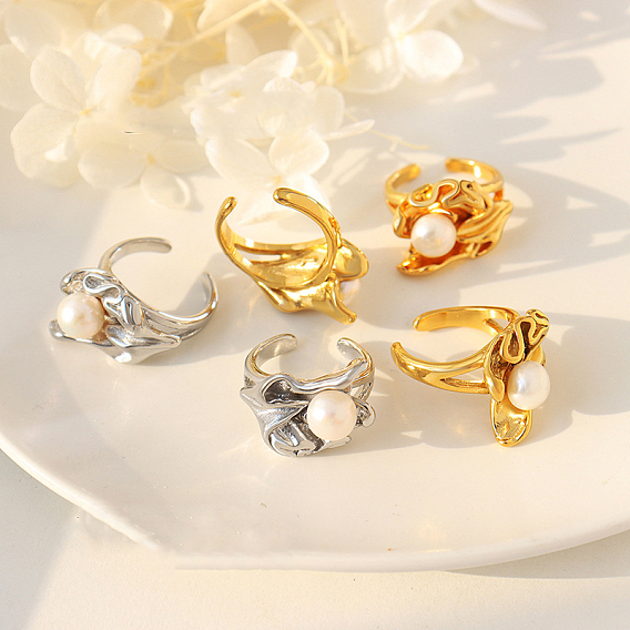 Открытые манжеты из нержавеющей стали с цветком, с натуральным пресноводным жемчугом