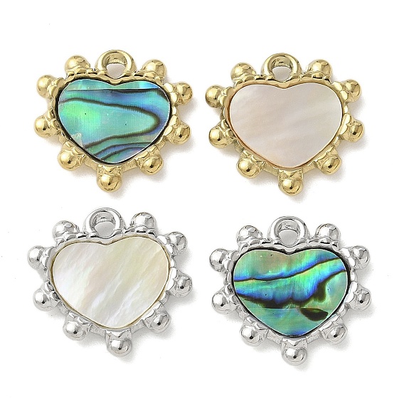 304 Подвески из нержавеющей стали с покрытием из натуральной раковины пауа/белой раковины методом ионного напыления (IP), сердце прелести