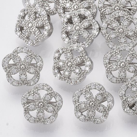 Brass Shank Buttons, with Micro Pave Cubic Zirconia, Flower, Clear