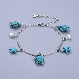 Brass Cable Chain Anklets, with Synthetic Turquoise, Glass Pearl and Tibetan Style Alloy Charms